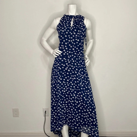 Tahari NEW Navy Blue & White Polka Dot Hi-Lo Midi Dress Size 14 - Picture 2 of 13